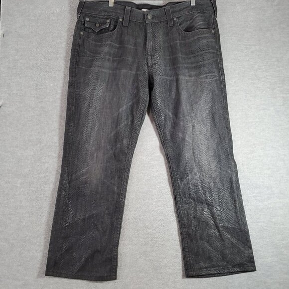 True Religion Men Jeans 42 Gray Snake Print Ricky Denim Straight 30 in Inseam‎ - Picture 1 of 6